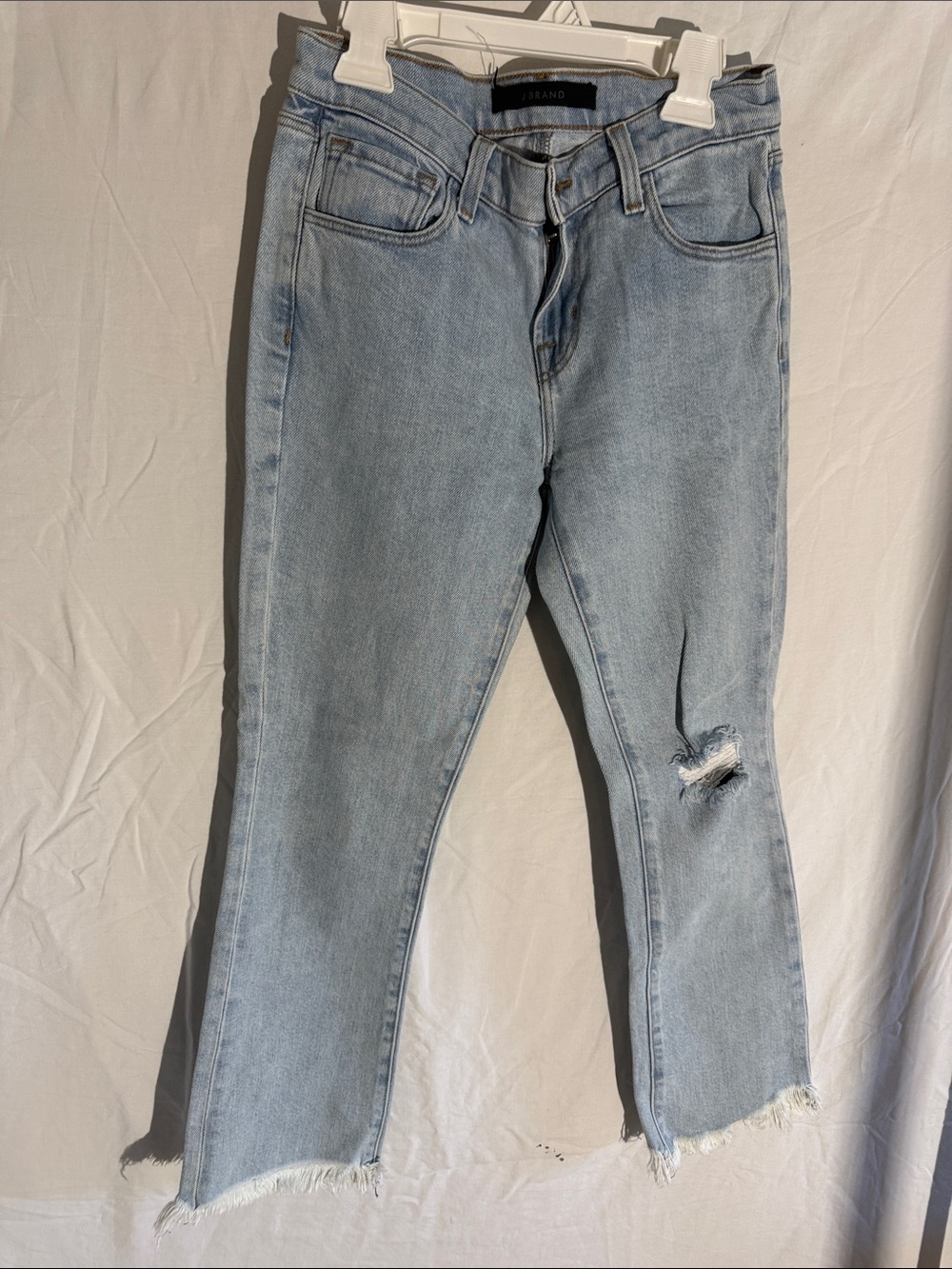 J Brand Light Blue Straight-Leg Jeans with Knee Distress